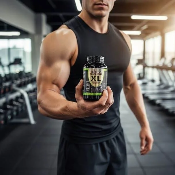 Homem segurando o pote de Tribulus Terrestris XL na academia